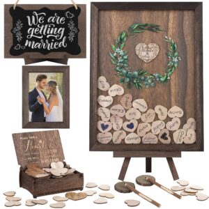 aodaer wedding guest book alternative drop top frame heart drop wood guest book with stand 122 wooden hearts pens box mini blackboard rustic wedding decorations for reception baby shower, brown