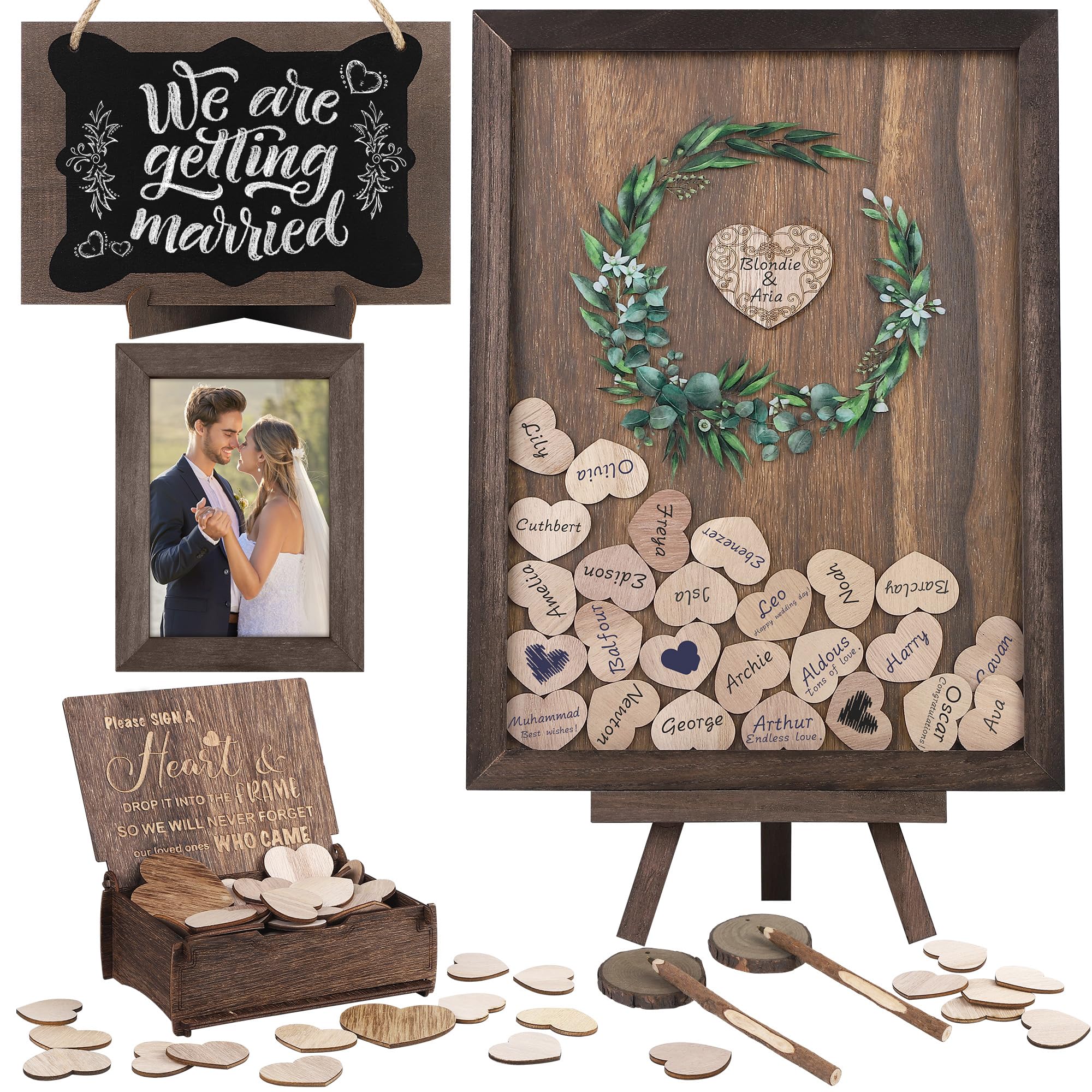 Aodaer Wedding Guest Book Alternative Drop Top Frame Heart Drop Wood Guest Book with Stand 122 Wooden Hearts Pens Box Mini Blackboard Rustic Wedding Decorations for Reception Baby Shower, Brown