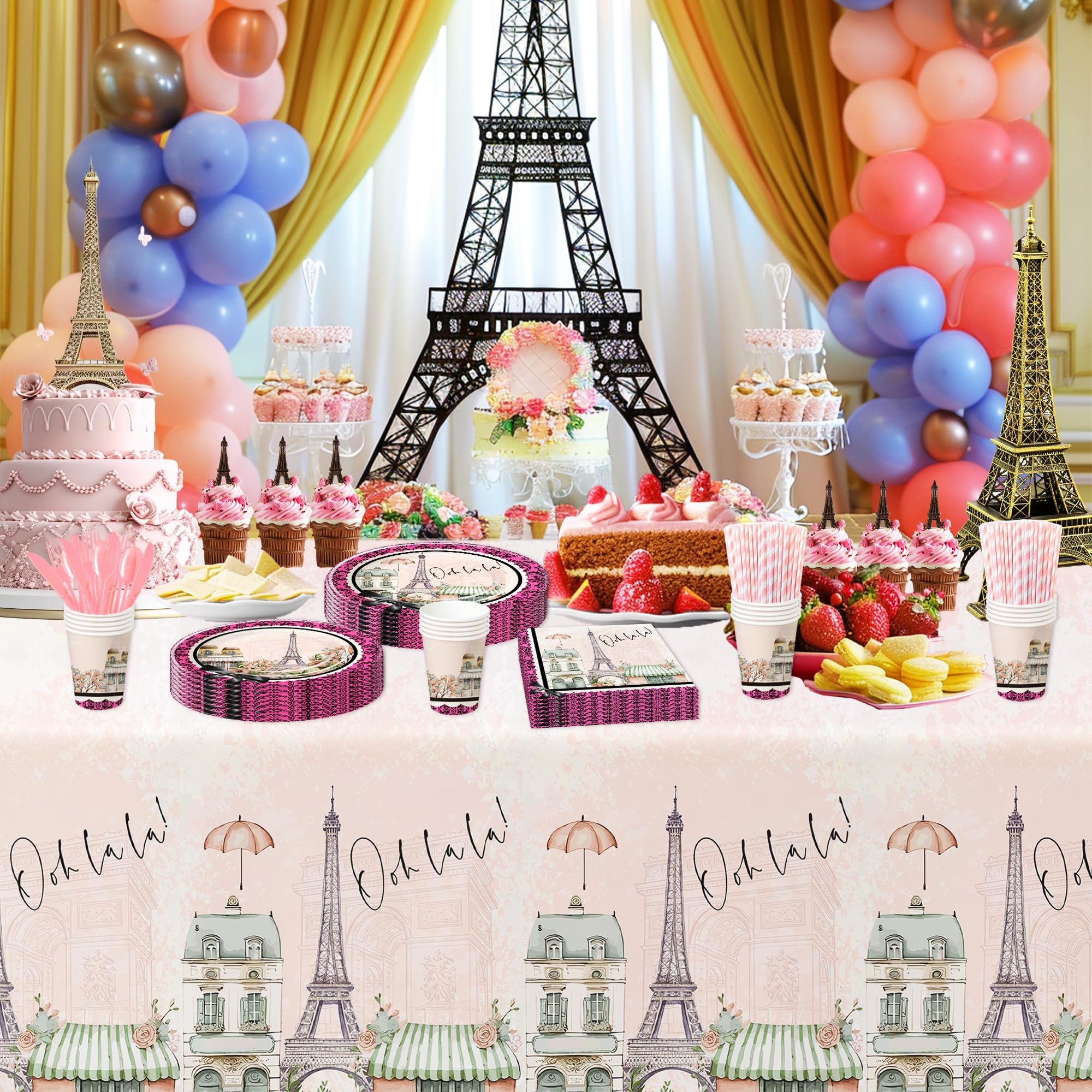 YJRJSC Eiffel Tower Paris Party Decorations Girl - Paris Theme Party Tableware, Paper Plate, Napkin, Tablecloth, Disposable Fork, Paris Birthday Baby Shower Bridal Weddings Party Supplies | Serves 24