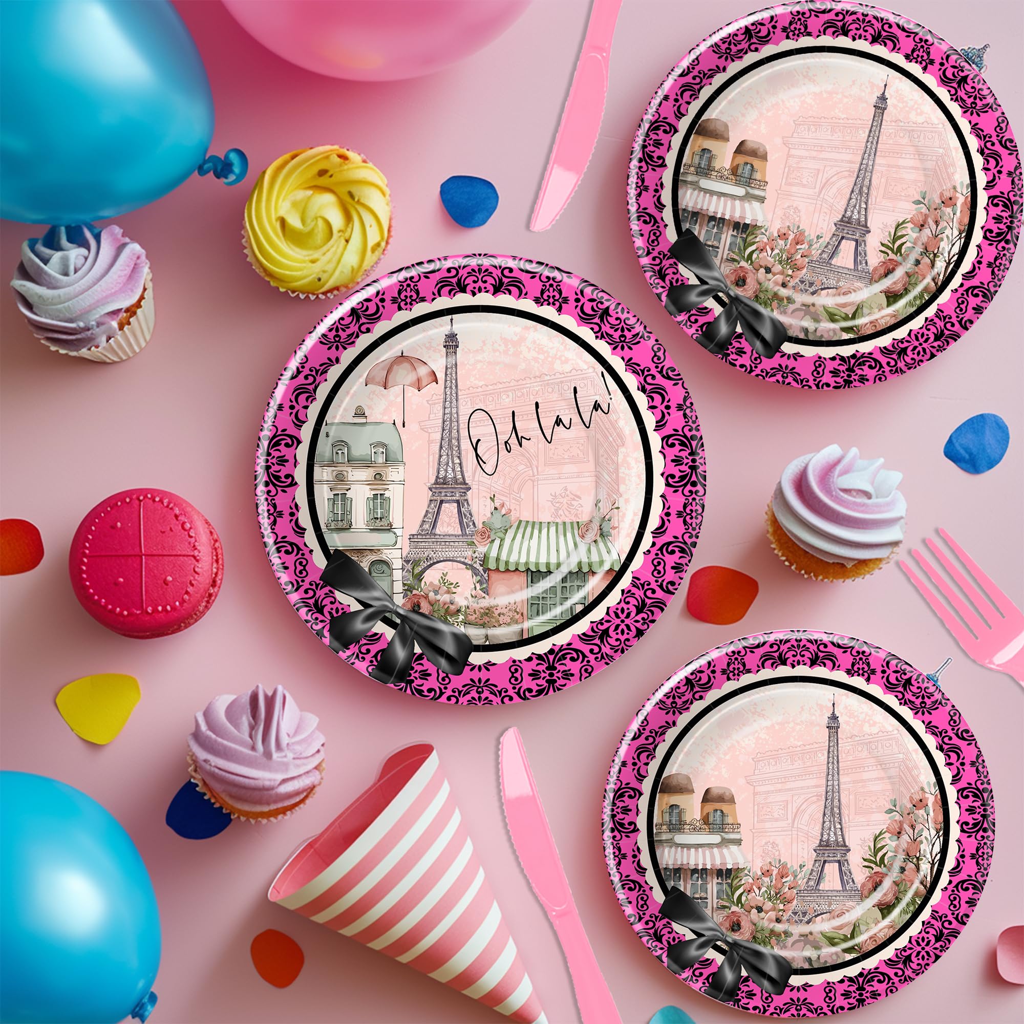 YJRJSC Eiffel Tower Paris Party Decorations Girl - Paris Theme Party Tableware, Paper Plate, Napkin, Tablecloth, Disposable Fork, Paris Birthday Baby Shower Bridal Weddings Party Supplies | Serves 24