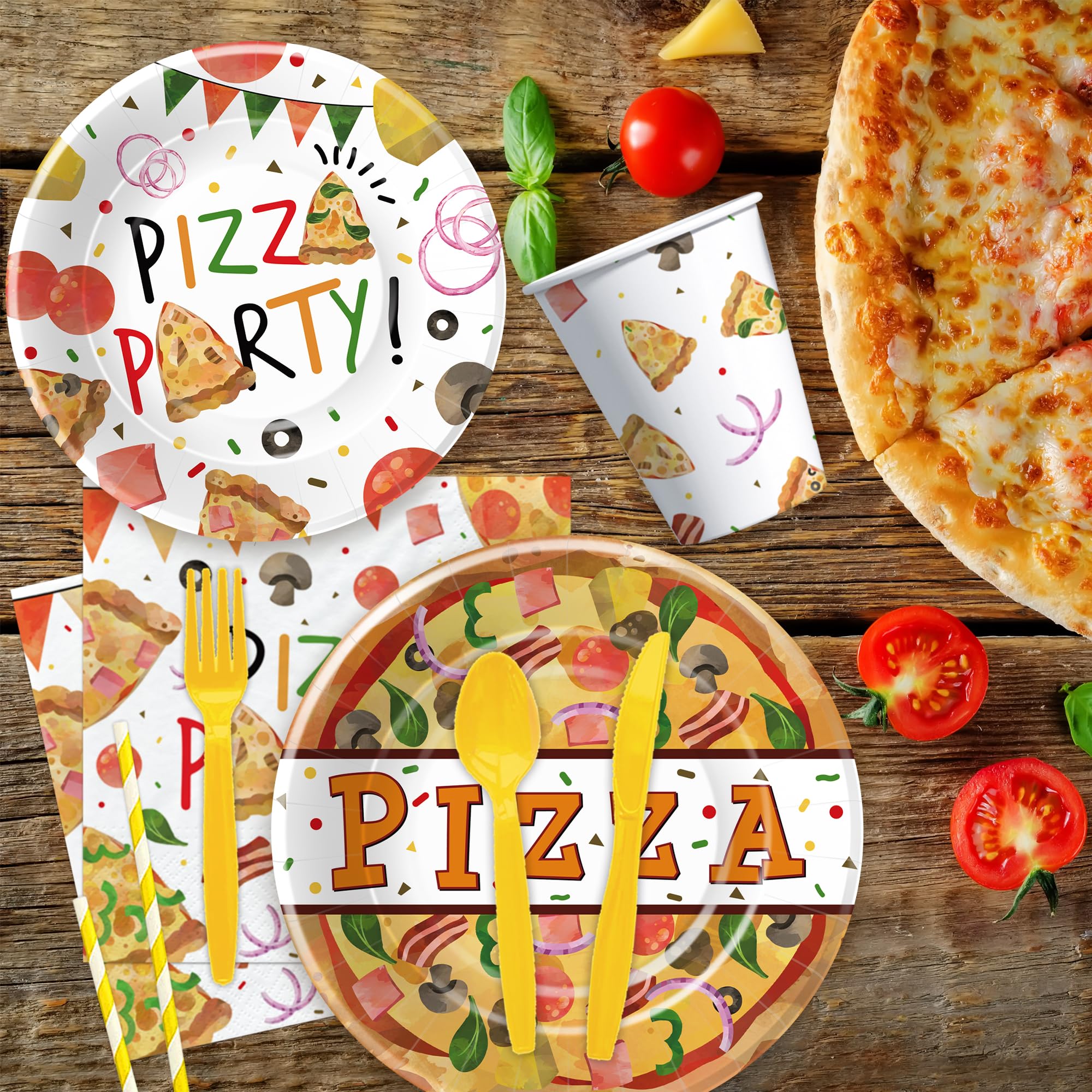 YJRJSC Pizza Birthday Party Supplies, Pizza Party Decorations Dinnerware, Paper Dinner Plate, Dessert Plate, Cup, Napkin, Disposable Fork, Pizza Theme Baby Shower Table Decorations Tableware, Serve 24