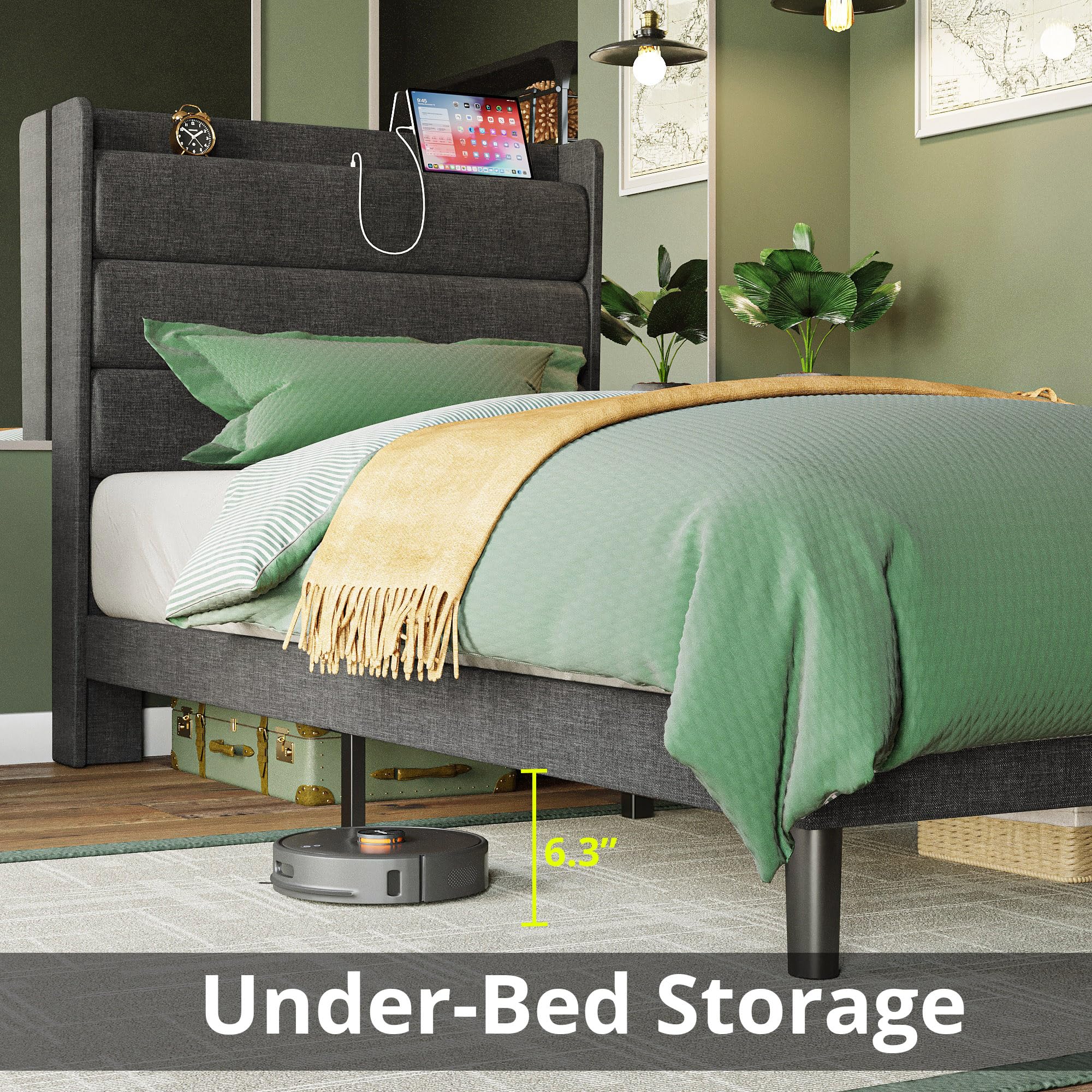 LIKIMIO Twin XL Bed Frames, Storage Headboard with Outlets, Sturdy and Stable, No Noise, No Box Springs Needed, Dark Gray