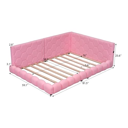 RORIGAT Upholstered Full Size Platform Bed with 2 USB Ports, Full Platform Bed Frame with LED Belt, Short Bed for Kids, No Need Spring Box,Pink