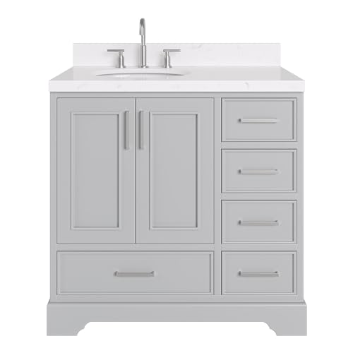 ARIEL Stafford 36" Grey Bathroom Vanity, 1.5" Edge Carrara White Quartz Countertop & Splash, Left Oval Sink, 2 Soft Closing Doors, 5 Full Extension Dovetail Drawers, Brushed Nickel