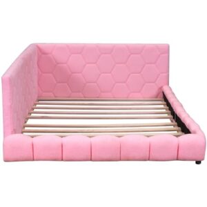 RORIGAT Upholstered Full Size Platform Bed with 2 USB Ports, Full Platform Bed Frame with LED Belt, Short Bed for Kids, No Need Spring Box,Pink