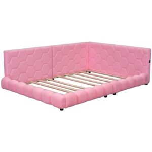 RORIGAT Upholstered Full Size Platform Bed with 2 USB Ports, Full Platform Bed Frame with LED Belt, Short Bed for Kids, No Need Spring Box,Pink