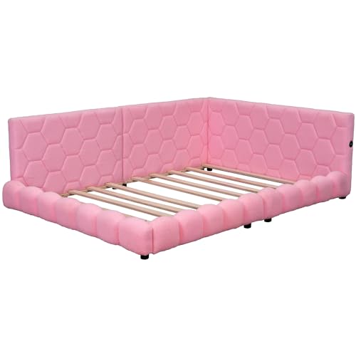 RORIGAT Upholstered Full Size Platform Bed with 2 USB Ports, Full Platform Bed Frame with LED Belt, Short Bed for Kids, No Need Spring Box,Pink