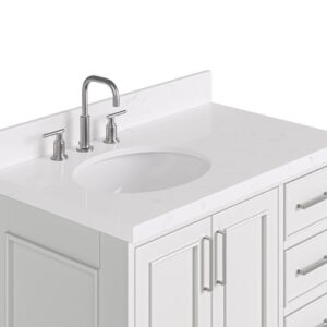 ARIEL Stafford 36" Grey Bathroom Vanity, 1.5" Edge Carrara White Quartz Countertop & Splash, Left Oval Sink, 2 Soft Closing Doors, 5 Full Extension Dovetail Drawers, Brushed Nickel