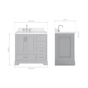 ARIEL Stafford 36" Grey Bathroom Vanity, 1.5" Edge Carrara White Quartz Countertop & Splash, Left Oval Sink, 2 Soft Closing Doors, 5 Full Extension Dovetail Drawers, Brushed Nickel