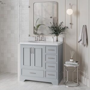 ARIEL Stafford 36" Grey Bathroom Vanity, 1.5" Edge Carrara White Quartz Countertop & Splash, Left Oval Sink, 2 Soft Closing Doors, 5 Full Extension Dovetail Drawers, Brushed Nickel