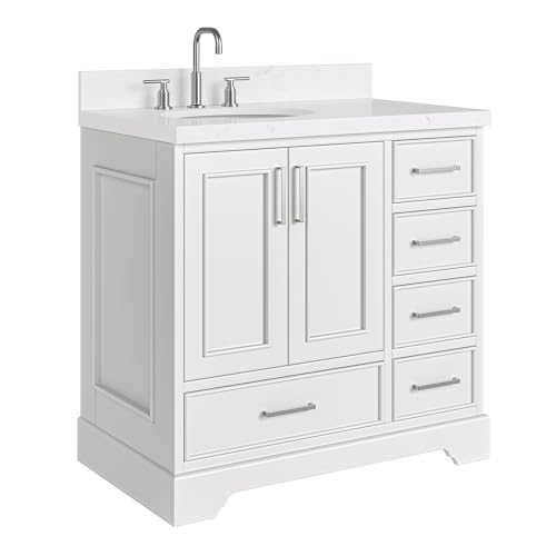 ARIEL Stafford 36" Grey Bathroom Vanity, 1.5" Edge Carrara White Quartz Countertop & Splash, Left Oval Sink, 2 Soft Closing Doors, 5 Full Extension Dovetail Drawers, Brushed Nickel