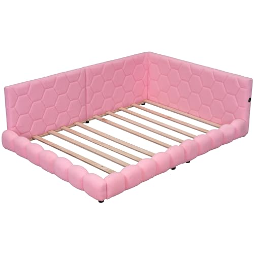 RORIGAT Upholstered Full Size Platform Bed with 2 USB Ports, Full Platform Bed Frame with LED Belt, Short Bed for Kids, No Need Spring Box,Pink