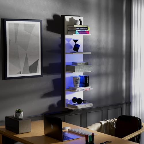 Bloddream 5 Tier Wall Shelf with RGB Light, Modern Wall Mount Lack Shelf, Vertical Column Shelf Floating Storage Home Decor Organizer Tall Tower Design Utility Shelf, White