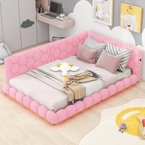 RORIGAT Upholstered Full Size Platform Bed with 2 USB Ports, Full Platform Bed Frame with LED Belt, Short Bed for Kids, No Need Spring Box,Pink