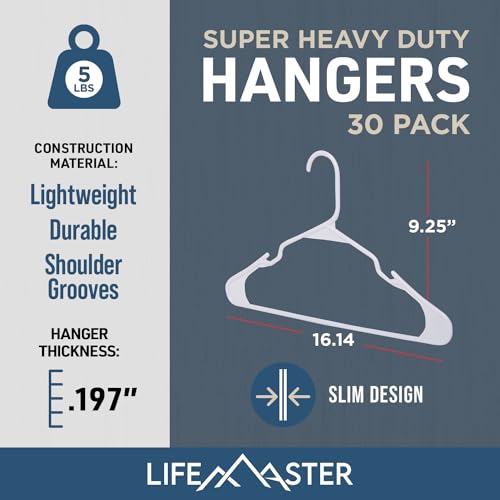 Lifemaster Plastic Clothes Hanger Set - 30 Pieces Versatile, Lightweight, Space-Saving, Non-Slip, Slim Designed, Dry and Wet Clothes Hanger Set - White