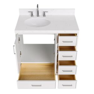 ARIEL Stafford 36" Grey Bathroom Vanity, 1.5" Edge Carrara White Quartz Countertop & Splash, Left Oval Sink, 2 Soft Closing Doors, 5 Full Extension Dovetail Drawers, Brushed Nickel