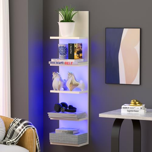 Bloddream 5 Tier Wall Shelf with RGB Light, Modern Wall Mount Lack Shelf, Vertical Column Shelf Floating Storage Home Decor Organizer Tall Tower Design Utility Shelf, White