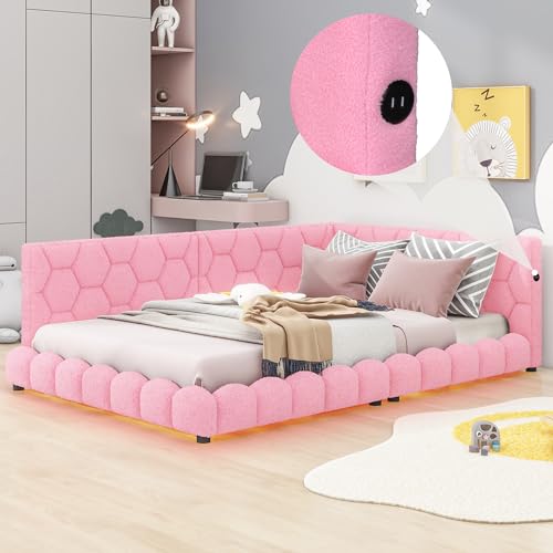 RORIGAT Upholstered Full Size Platform Bed with 2 USB Ports, Full Platform Bed Frame with LED Belt, Short Bed for Kids, No Need Spring Box,Pink