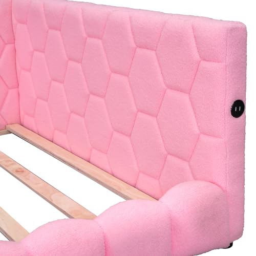 RORIGAT Upholstered Full Size Platform Bed with 2 USB Ports, Full Platform Bed Frame with LED Belt, Short Bed for Kids, No Need Spring Box,Pink