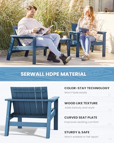 SERWALL Adirondack Chair Set with Side Table, HDPE Patio Bistro Set- Navy Blue