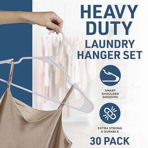 Lifemaster Plastic Clothes Hanger Set - 30 Pieces Versatile, Lightweight, Space-Saving, Non-Slip, Slim Designed, Dry and Wet Clothes Hanger Set - White