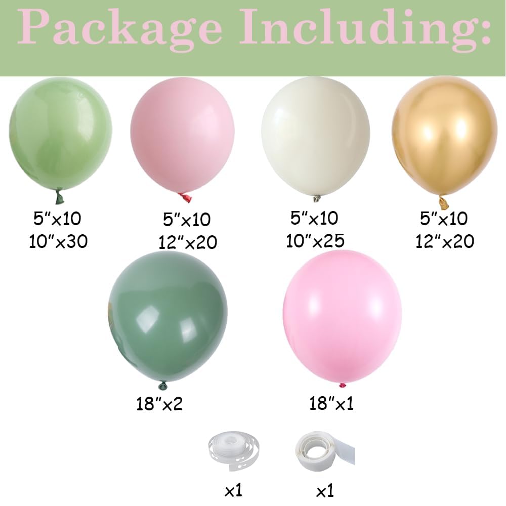 Sage Green Pink Balloon Arch Garland Kit,137pcs Blush Pastel Pink and Sage Green White Sand Gold Balloons for Boho Girls Woodland Baby Shower Wedding Jungle Safari Birthday Party Decorations