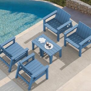 SERWALL Adirondack Chair Set with Side Table, HDPE Patio Bistro Set- Navy Blue