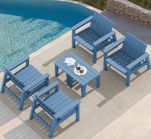 SERWALL Adirondack Chair Set with Side Table, HDPE Patio Bistro Set- Navy Blue