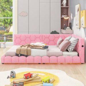 RORIGAT Upholstered Full Size Platform Bed with 2 USB Ports, Full Platform Bed Frame with LED Belt, Short Bed for Kids, No Need Spring Box,Pink