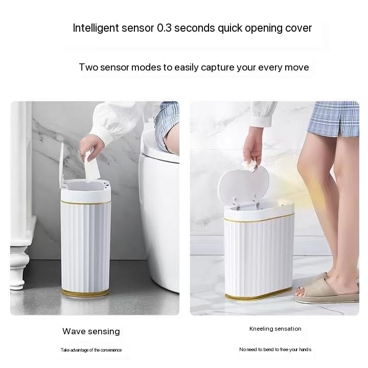 ArHaR Large Capacity Smart Sensor Wastebasket Automatic Household Bathroom with Lid Electric Narrow Paper Basket Seam Potty (7 Litre) (White Grey)