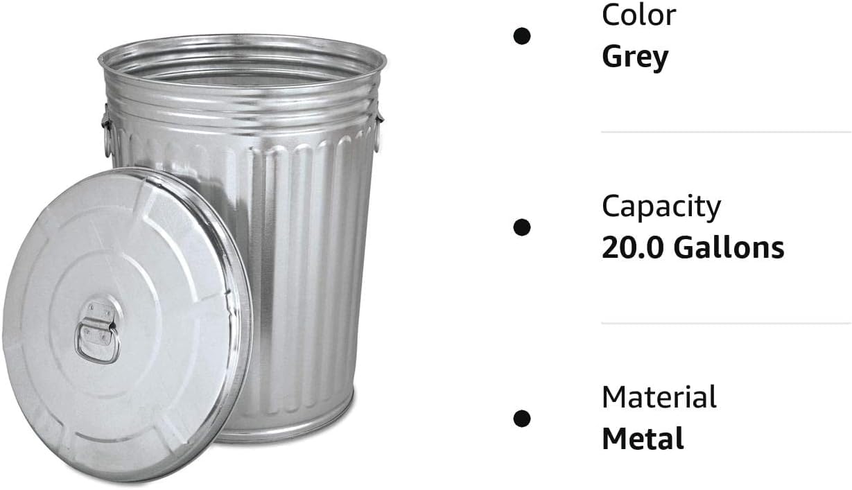 Plexon Pre-Galvanized Trash Can with Lid Round, Steel, 20gal, Grey, Outdoor Garbage Can., 45520GALLONWLID