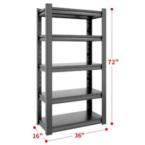 DARTIIA 72" H Garage Shelving 2500LBS Heavy Duty Storage Shelves Adjustable 5 Tier Metal Shelves for Storage Garage Industrial Shelving Utility Racks,16" D*36" W*72" H,Black