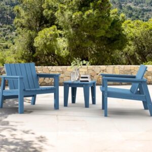 SERWALL Adirondack Chair Set with Side Table, HDPE Patio Bistro Set- Navy Blue