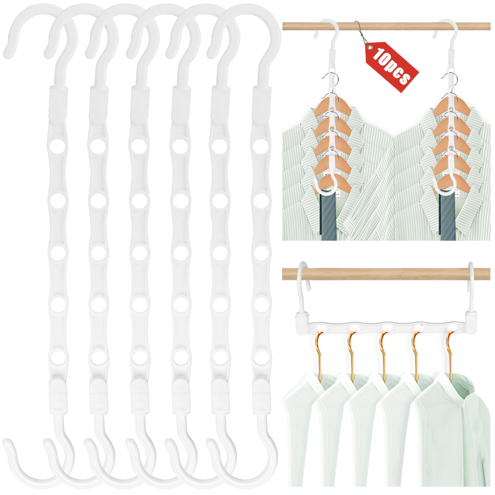 MCPINKY 10PCS Space Saving Hangers, Magic Hangers 5 Holes Sturdy Cascading Hangers Closet Organizers and Storage for College Dorm Room White