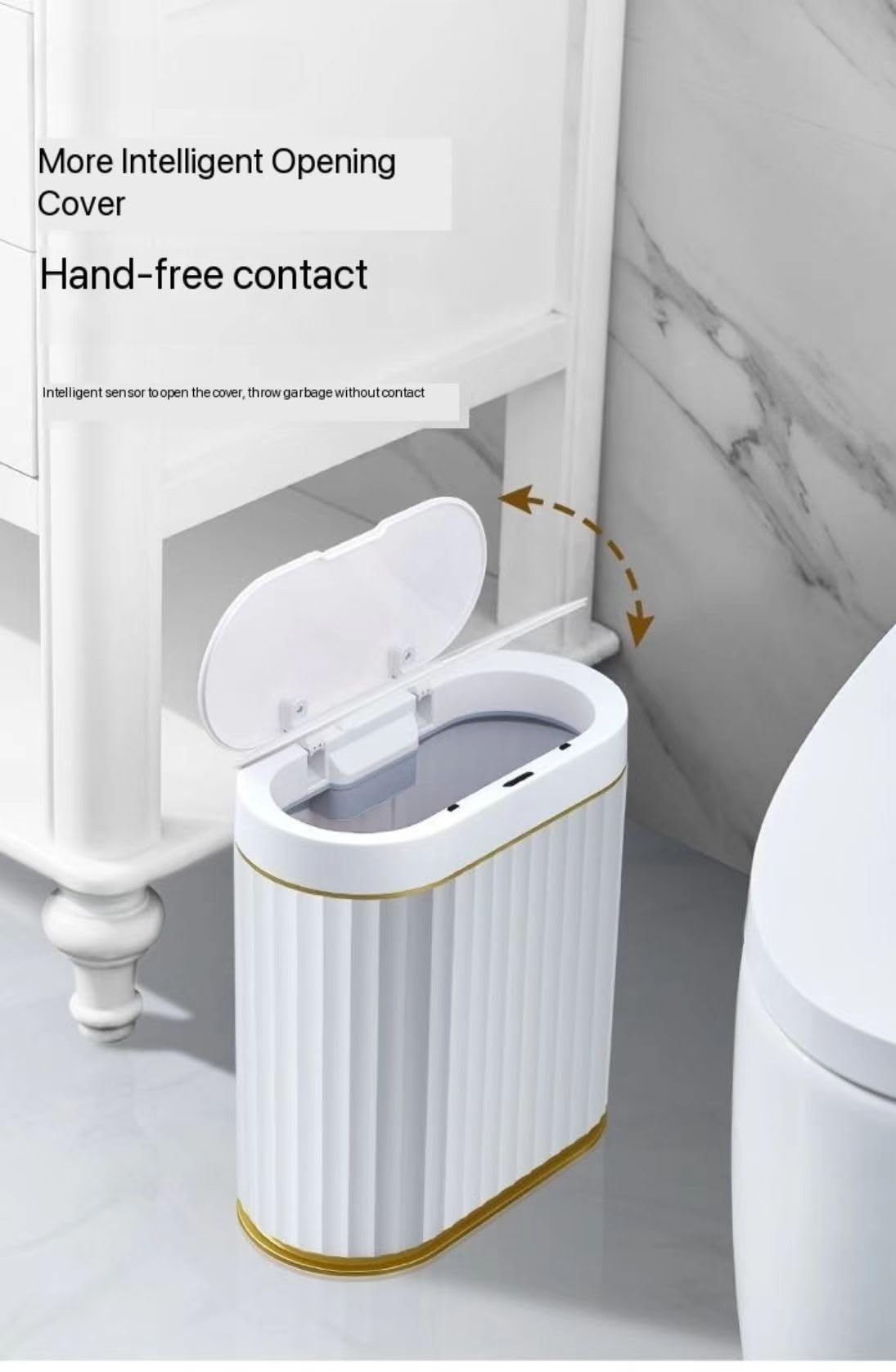 ArHaR Large Capacity Smart Sensor Wastebasket Automatic Household Bathroom with Lid Electric Narrow Paper Basket Seam Potty (7 Litre) (White Grey)