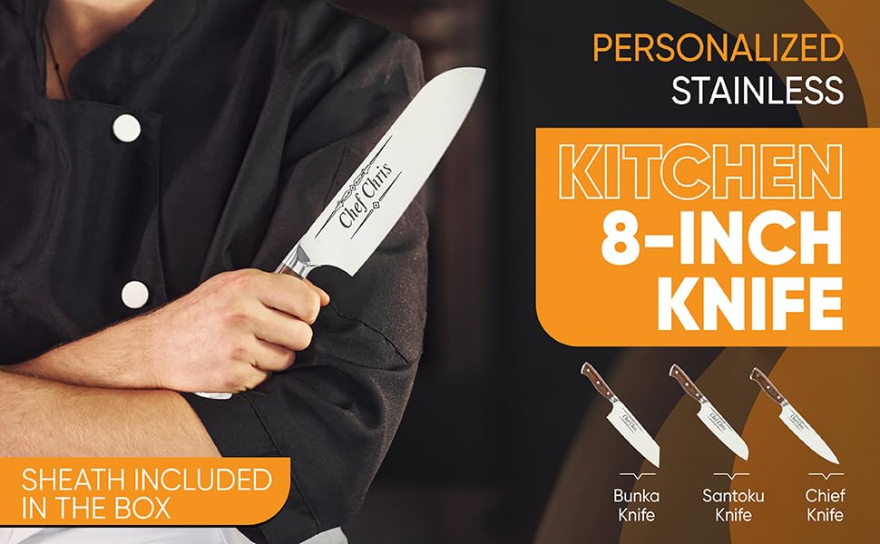 Custom Chef Stainless Kitchen 8-inch Knife with Sheath and Box, Laser Engraved Personalization Gift for Him, Her, Birthday, Housewarming, Anniversary, Kitchen Cooking Knife Gift Set