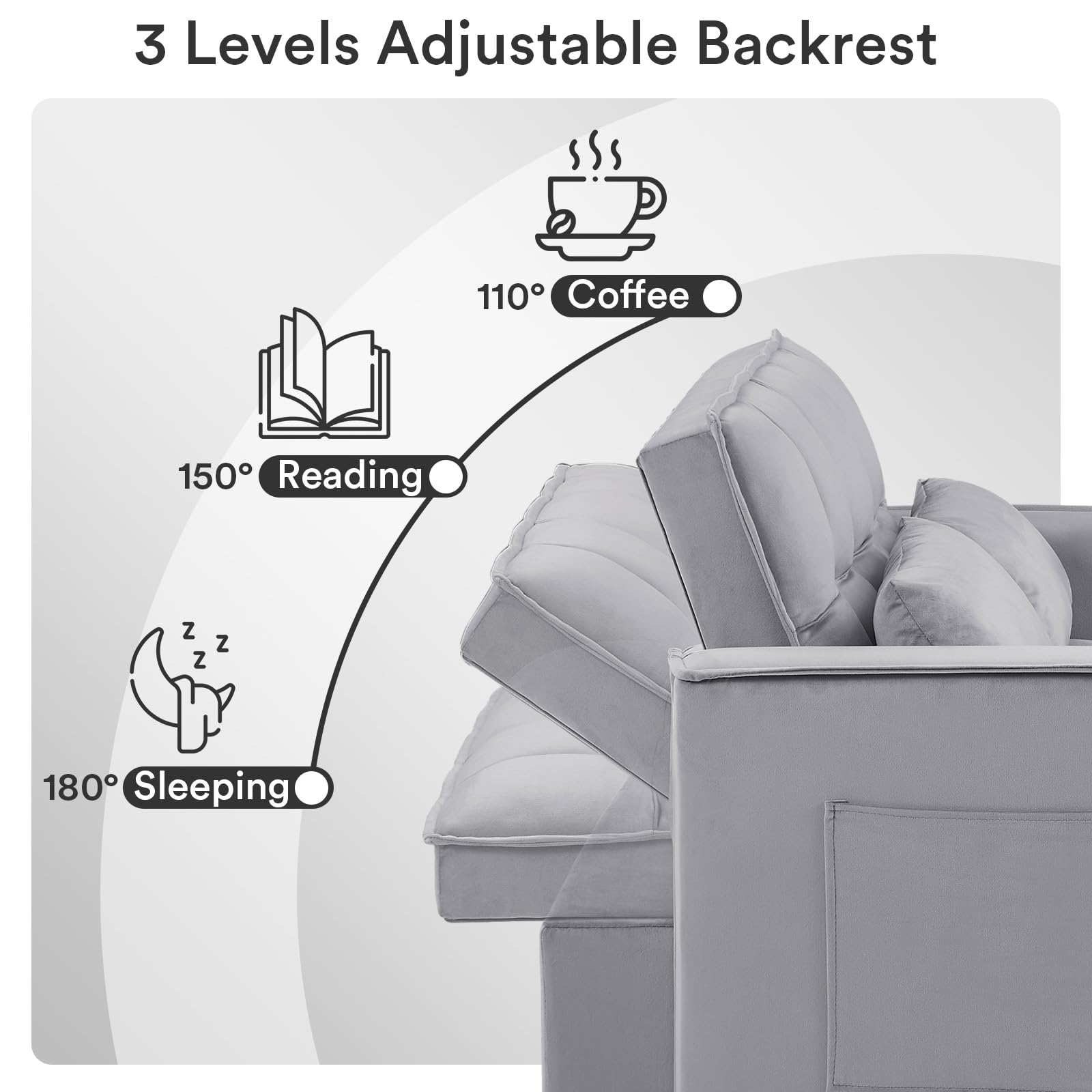 Rovibek 3 in 1 Sleeper Sofa Couch Bed Pull Out Sofa Bed Convertible Futon Loveseat Velvet 2 Seat Lounge Grey for Living Room, with Adjustable Backrest 2 Pillows Side Table