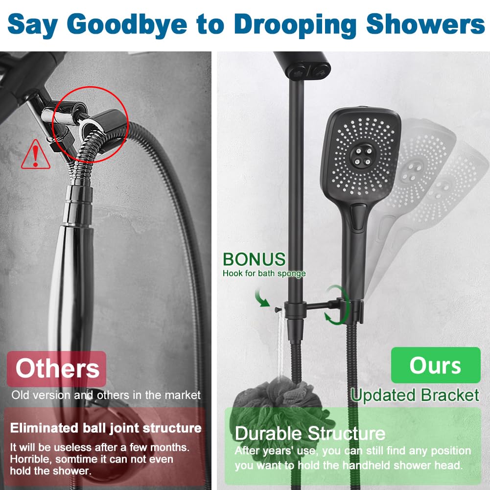 POP SANITARYWARE Shower Head with Handheld Matte Black, High Pressure 12 Inch Showerhead with Wand Built-in Power Wash, 71 Inch / 6 ft Hose, Press Button 4-Way Diverter, Adjustable Extension Arm