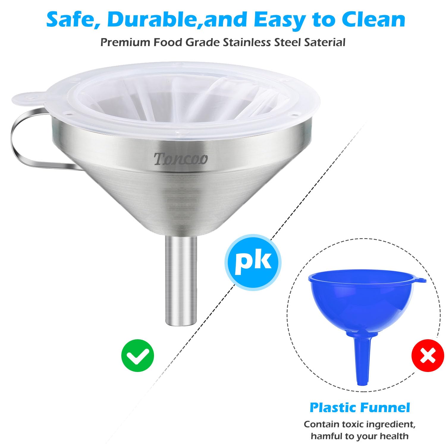 5 Inch Stainless Steel Funnel with Strainer and 200 Fine Mesh Filter, Food Grade Metal Funnel, Cooking Oil Filter, Oil Strainer for Deep Fryer, Milk Strainer, Funnels for Kitchen Use Filling Bottles