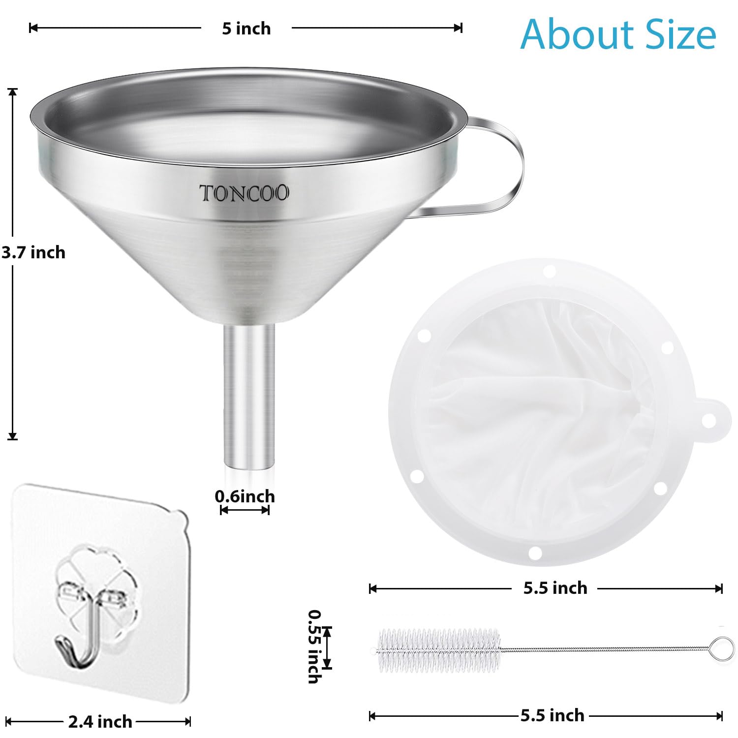 5 Inch Stainless Steel Funnel with Strainer and 200 Fine Mesh Filter, Food Grade Metal Funnel, Cooking Oil Filter, Oil Strainer for Deep Fryer, Milk Strainer, Funnels for Kitchen Use Filling Bottles