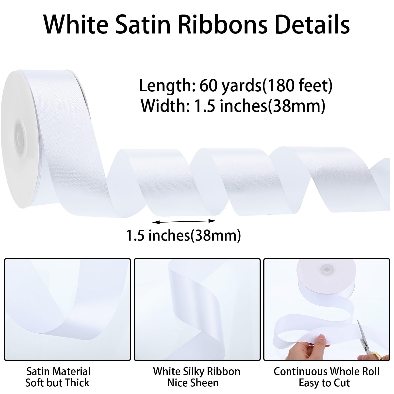 White Ribbon, 60 Yards 1-1/2 inch White Satin Ribbon for Gift Wrapping Flower Bouquet Bow Making Wedding Party Christmas Stocking Stuffers Decorations