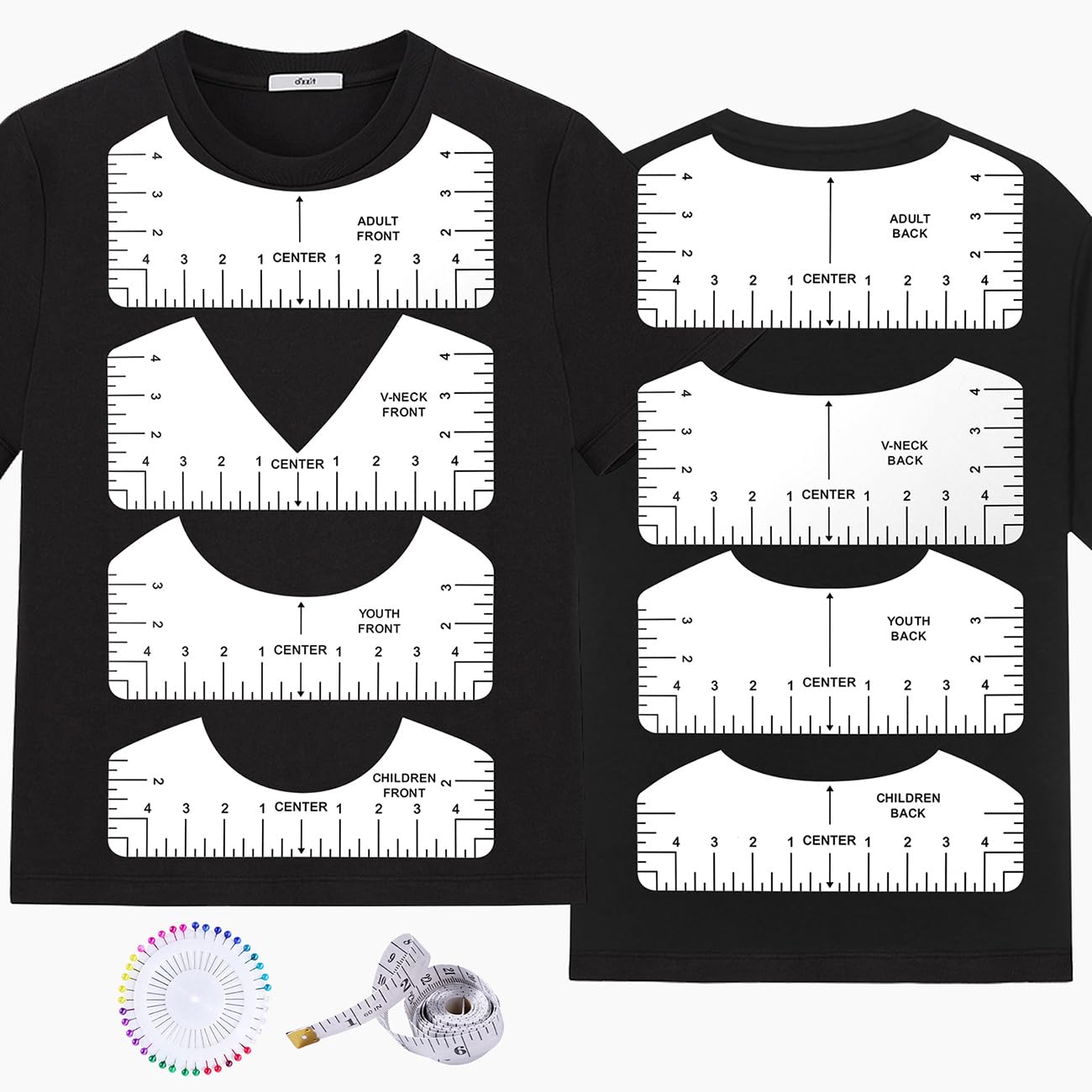 MFJUNS 10 PCS T-Shirt Ruler Guide - Tshirt Measurement Tools for Children Youth Adult, V-Neck/Round PVC Rule Rulers Designs Heat Press Accessories for Vinyl Alignment, Heat Press