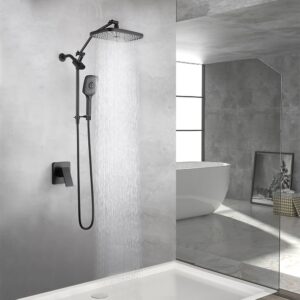 POP SANITARYWARE Shower Head with Handheld Matte Black, High Pressure 12 Inch Showerhead with Wand Built-in Power Wash, 71 Inch / 6 ft Hose, Press Button 4-Way Diverter, Adjustable Extension Arm