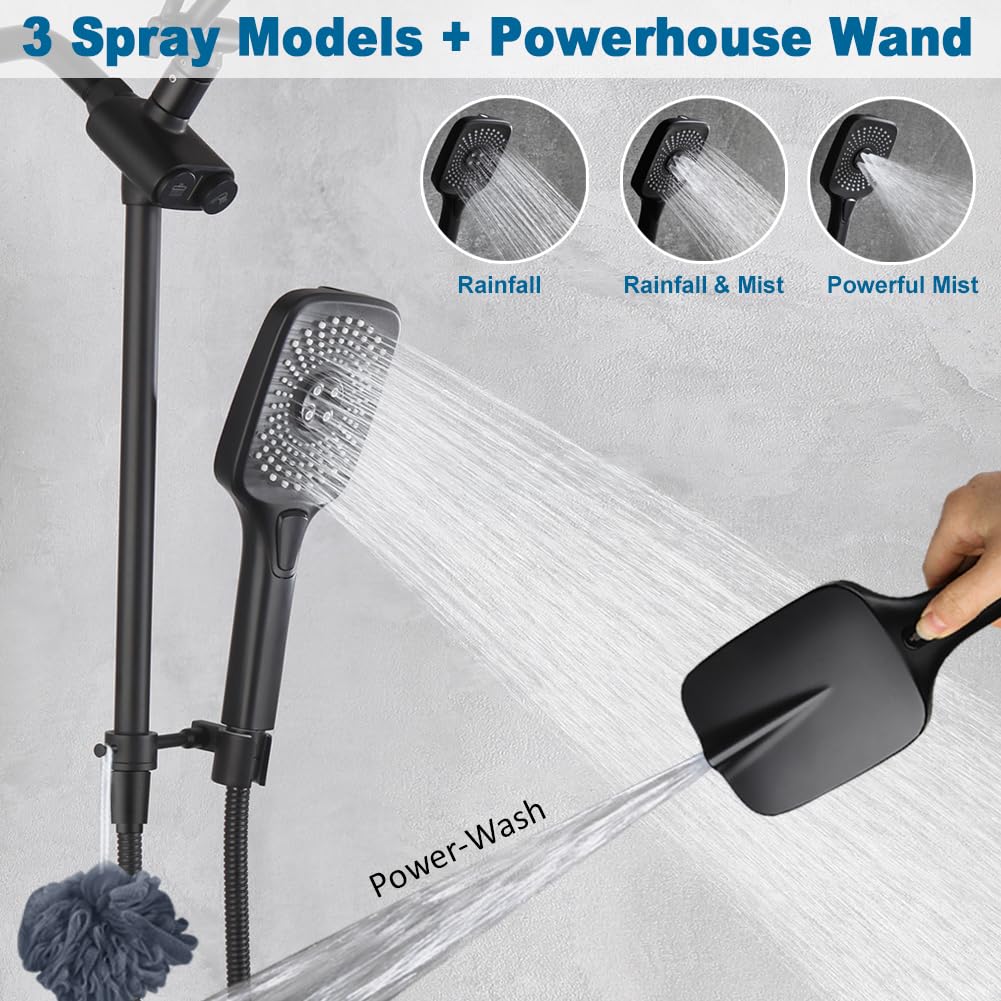 POP SANITARYWARE Shower Head with Handheld Matte Black, High Pressure 12 Inch Showerhead with Wand Built-in Power Wash, 71 Inch / 6 ft Hose, Press Button 4-Way Diverter, Adjustable Extension Arm