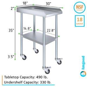 AmGood Commercial Work Table with Backsplash and Sidesplashes with Casters | NSF (Stainless Steel Table with Sideguards + casters, 18" Long x 30" Deep)