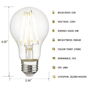 Emliviar Dimmable LED Bulbs 9W Pack of 4, A19 Vintage LED Light Bulbs Equivalent 100W, E26 Standard Base, 950LM High Brightness, 2700K Warm White, A19-LED-9W