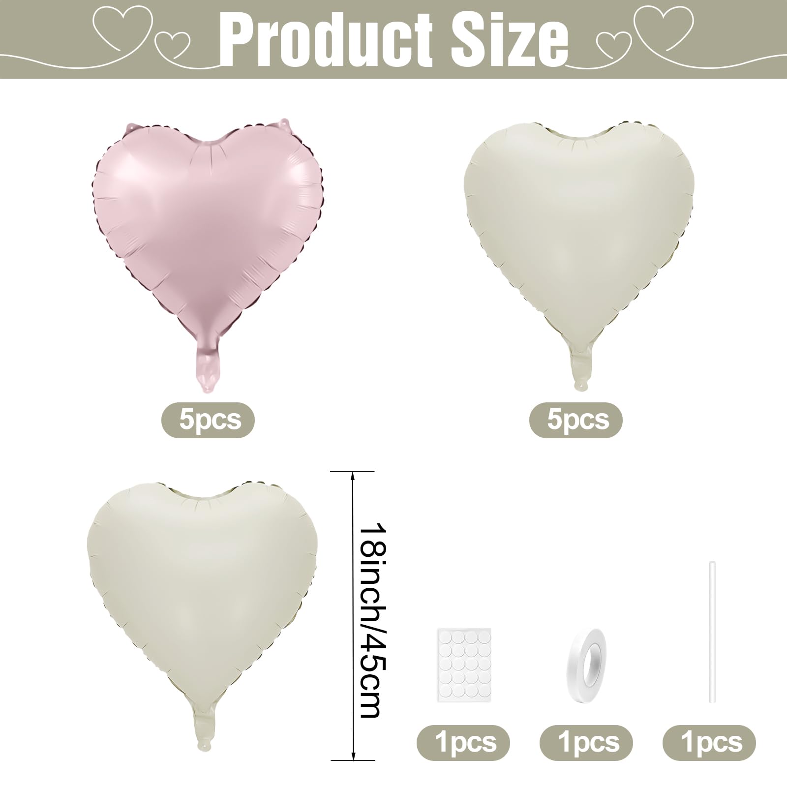 Pink White Heart Balloons,10Pcs Cream Baby Pink Foil Heart Shaped Balloons,18Inch Sand White Pink Helium Mylar Balloons for Valentines,Engagement,Birthday,Baby Shower,Wedding Party Decorations