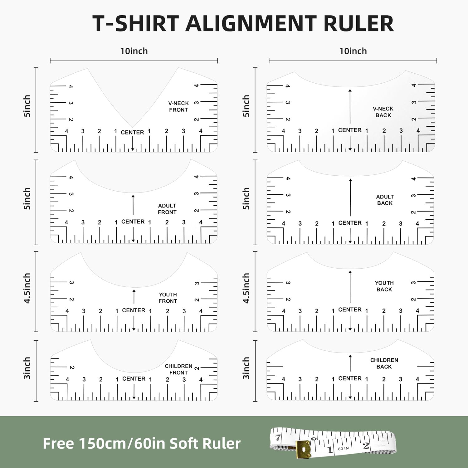 MFJUNS 10 PCS T-Shirt Ruler Guide - Tshirt Measurement Tools for Children Youth Adult, V-Neck/Round PVC Rule Rulers Designs Heat Press Accessories for Vinyl Alignment, Heat Press