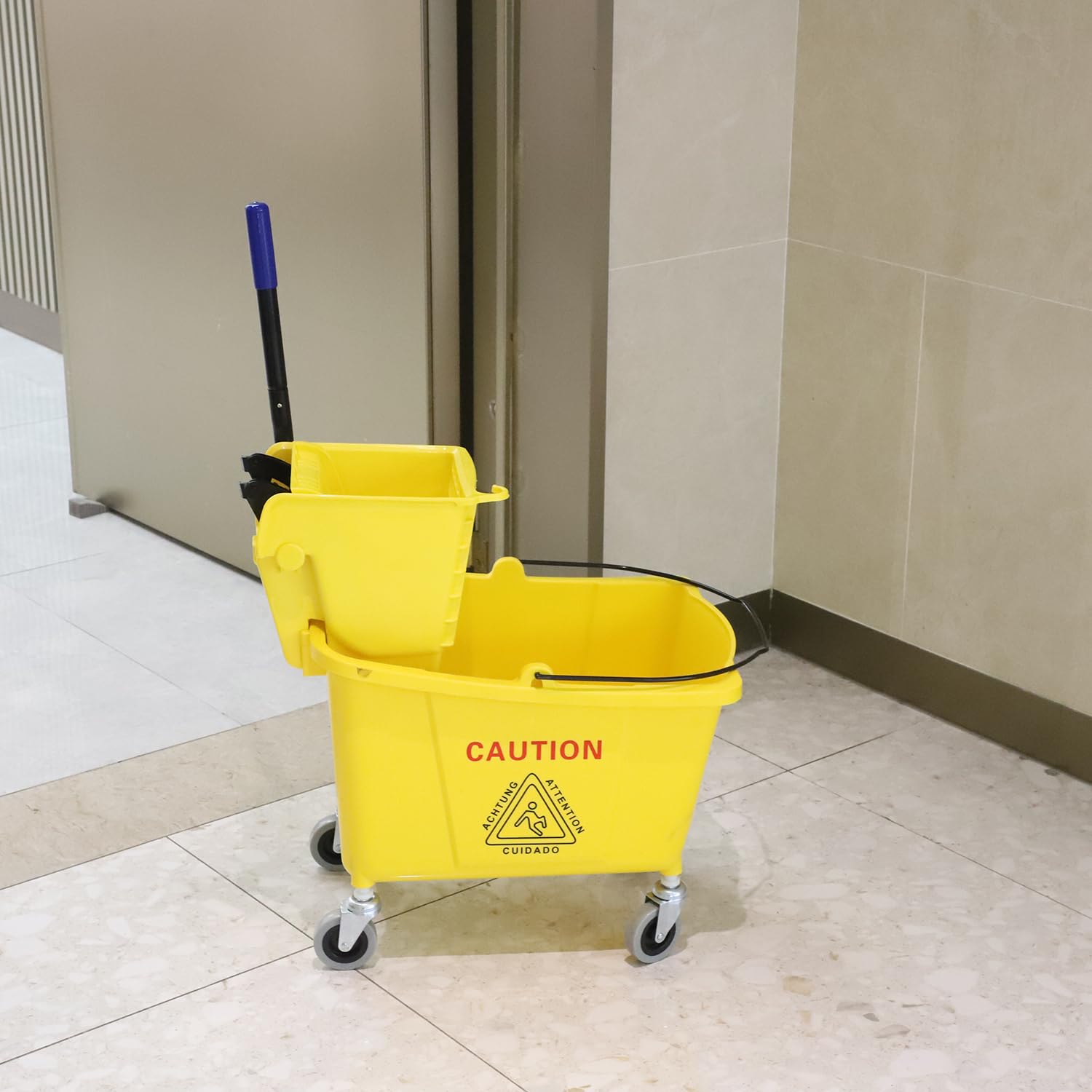 Midoneat Commercial Mop Bucket with Side Press Wringer on Wheels, Including One Commercial Mop, 35 Quart, Yellow