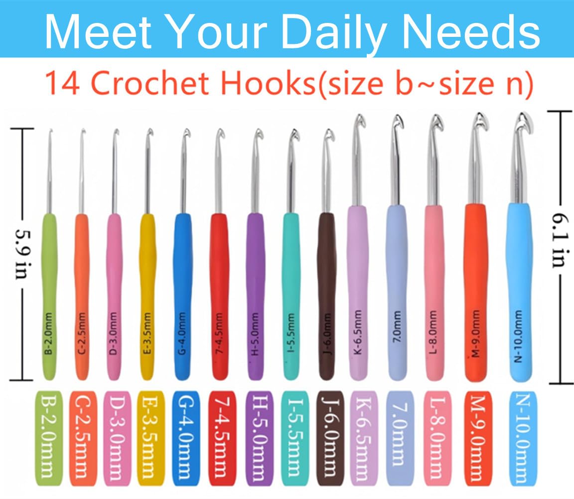 Crochet Hook Set,14 Sizes Crochet Hooks for Arthritic Hands,Crochet Hooks Ergonomic Soft Grip with Case,Crochet Needles(Size B-Size N)